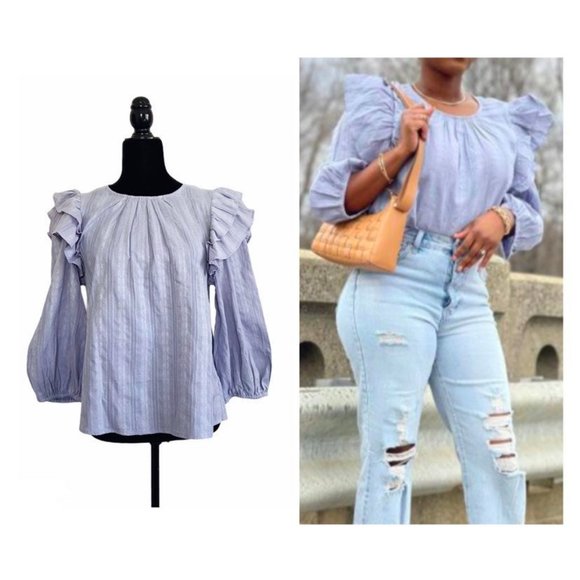SOLD Universal Thread NWT Blue Ruffle Puff Sleeves Cotton Blouse Top S - Picture 11 of 11